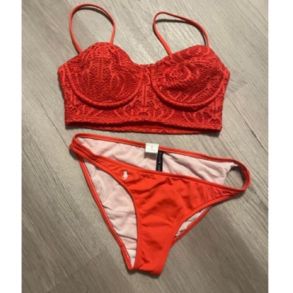 Ralph Lauren Red Lace Two-Piece Bikini Set with Underwire Top Size M